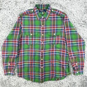 Polo Ralph Lauren Shirt Men's L Tartan Plaid VTG‎ Linen Silk Field Shoulder Tabs